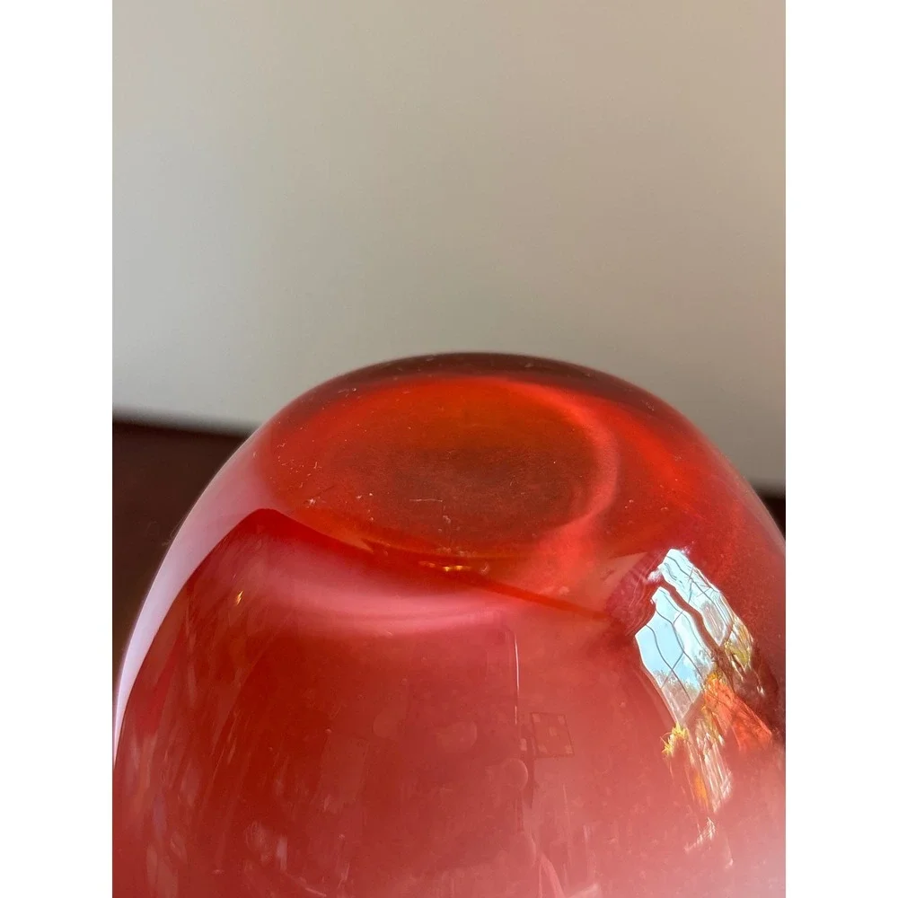 Red and White Swirl Art Glass Vase 10 Inch Mid Century Modern Cased Glass Decor